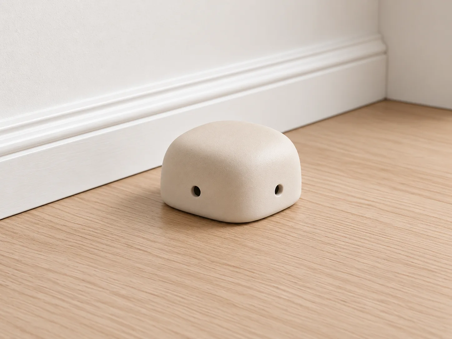 Puck ant trap on a wood floor beside a white baseboard